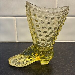 Vintage Fenton Yellow Hobnail Glass Boot